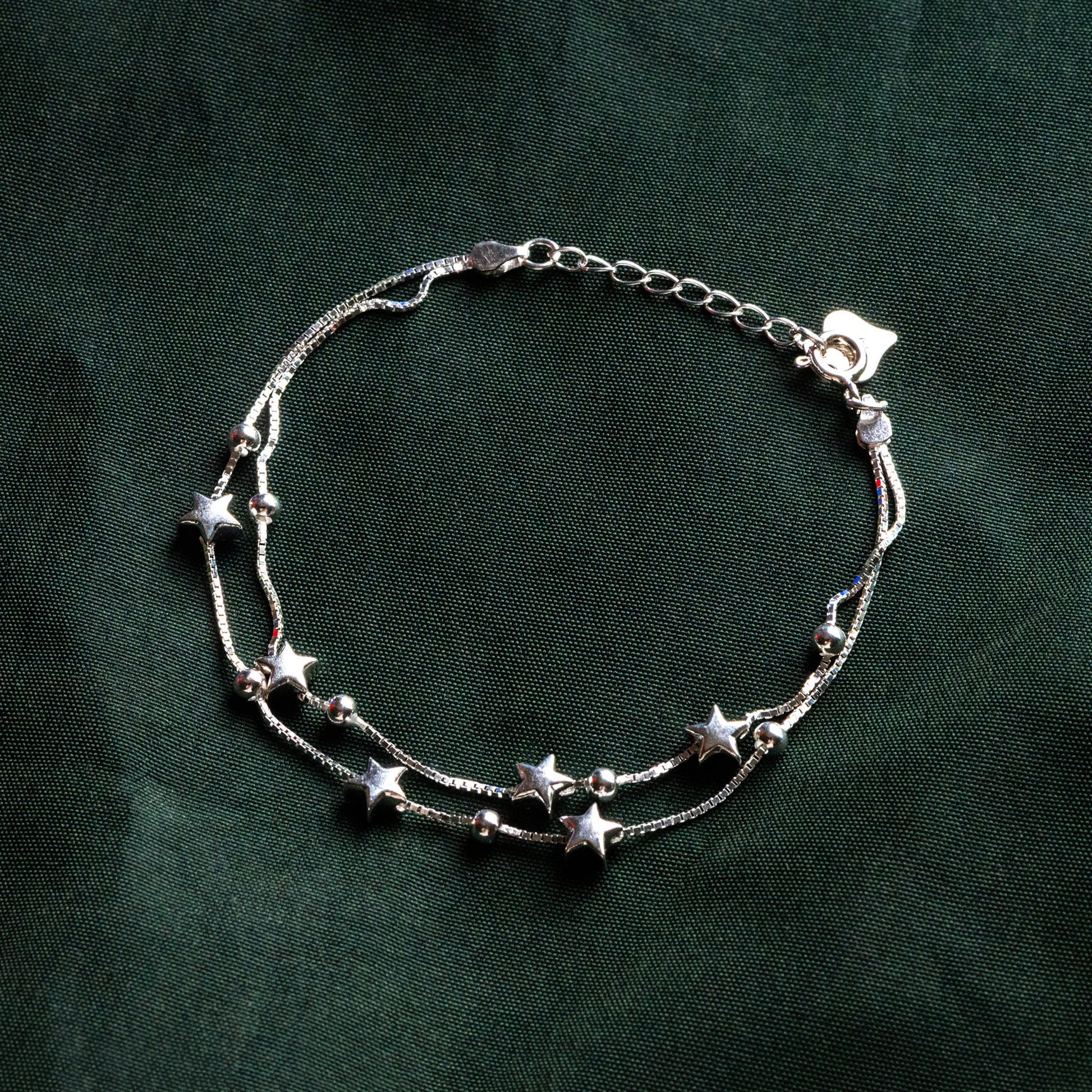 Sterling Silver Double Layer Star Bracelet, .925 Silver Adjustable Bracelet, Dainty Bracelet (CY-056)