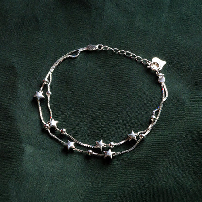 Sterling Silver Double Layer Star Bracelet, .925 Silver Adjustable Bracelet, Dainty Bracelet (CY-056)