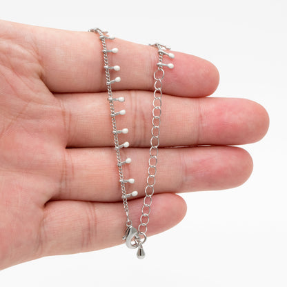 Rhodium plated Brass Enamel Chain, Adjustable Bracelet/ Anklet/ Necklace, White/ Black (#LK-202)