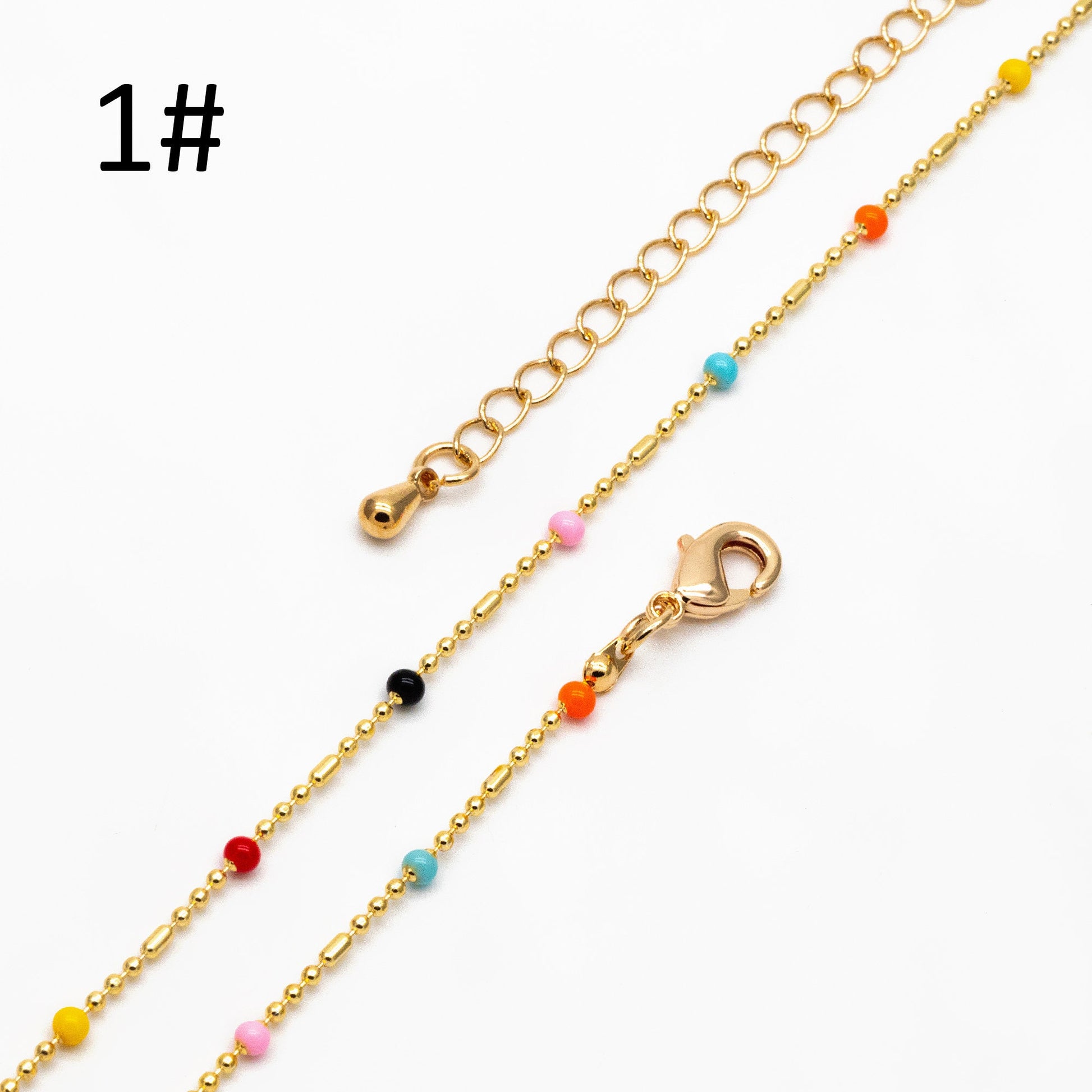 Gold Mix Color Enamel Beaded Chains 2mm, Finished Bracelet/ Anklet/ Necklace with Extender Chain, Ready to Wear (#LK-579)