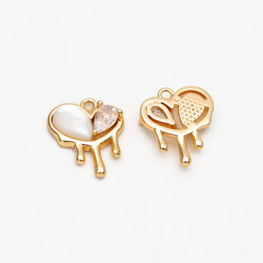 4pcs Shell Pave Heart Charms, 18K Gold plated Brass, CZ Gold Heart Pendants (GB-2782-O)