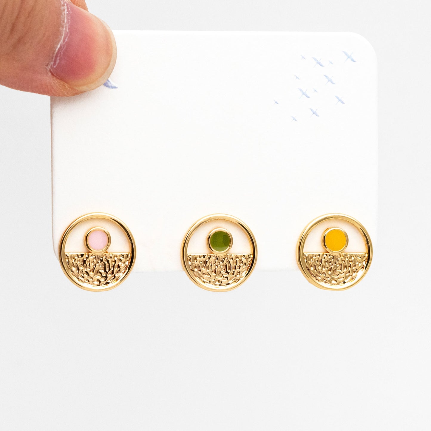 4pcs Gold Enamel Round Earrings 13mm, 18K Gold plated Brass, Geometric Stud Earrings (GB-4399)