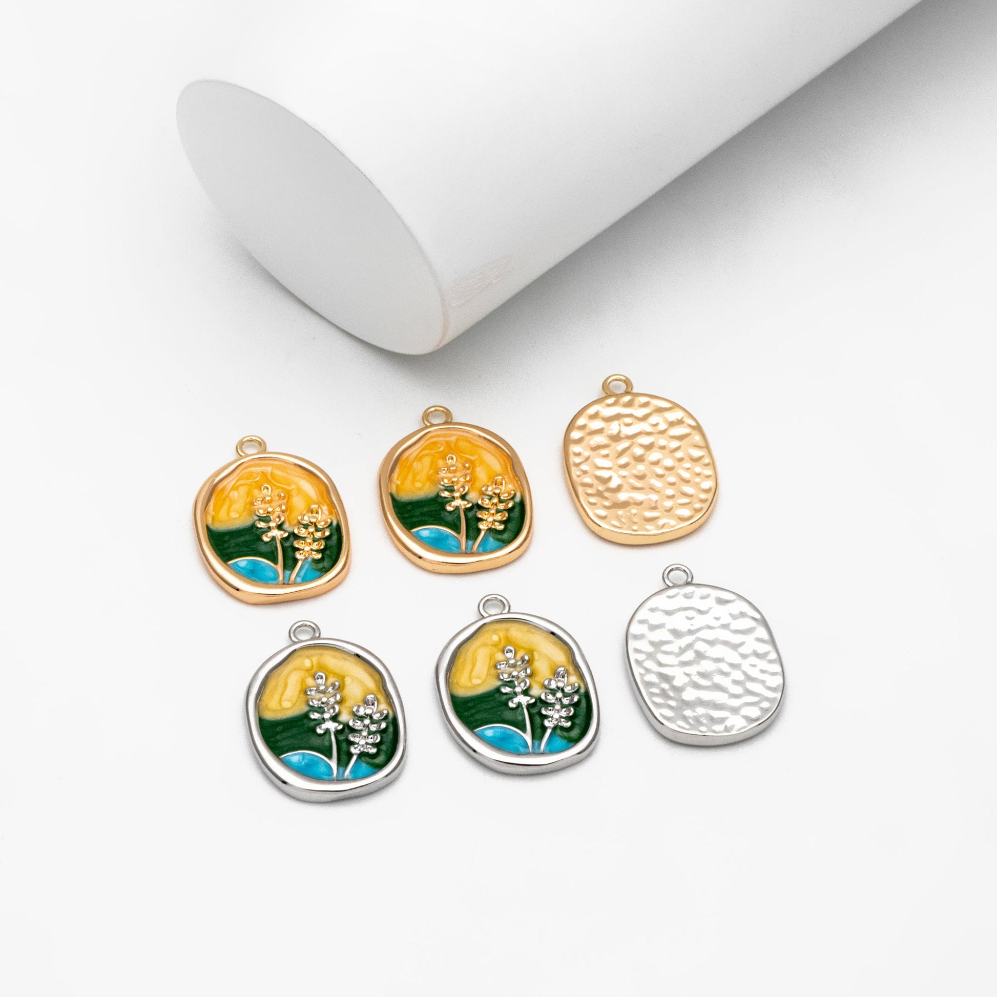4pcs Gold/ Silver Tone Enamel Painting Charms, 18K Gold/ Rhodium plated Brass, Dainty Flower Pendants (GB-3950-E)