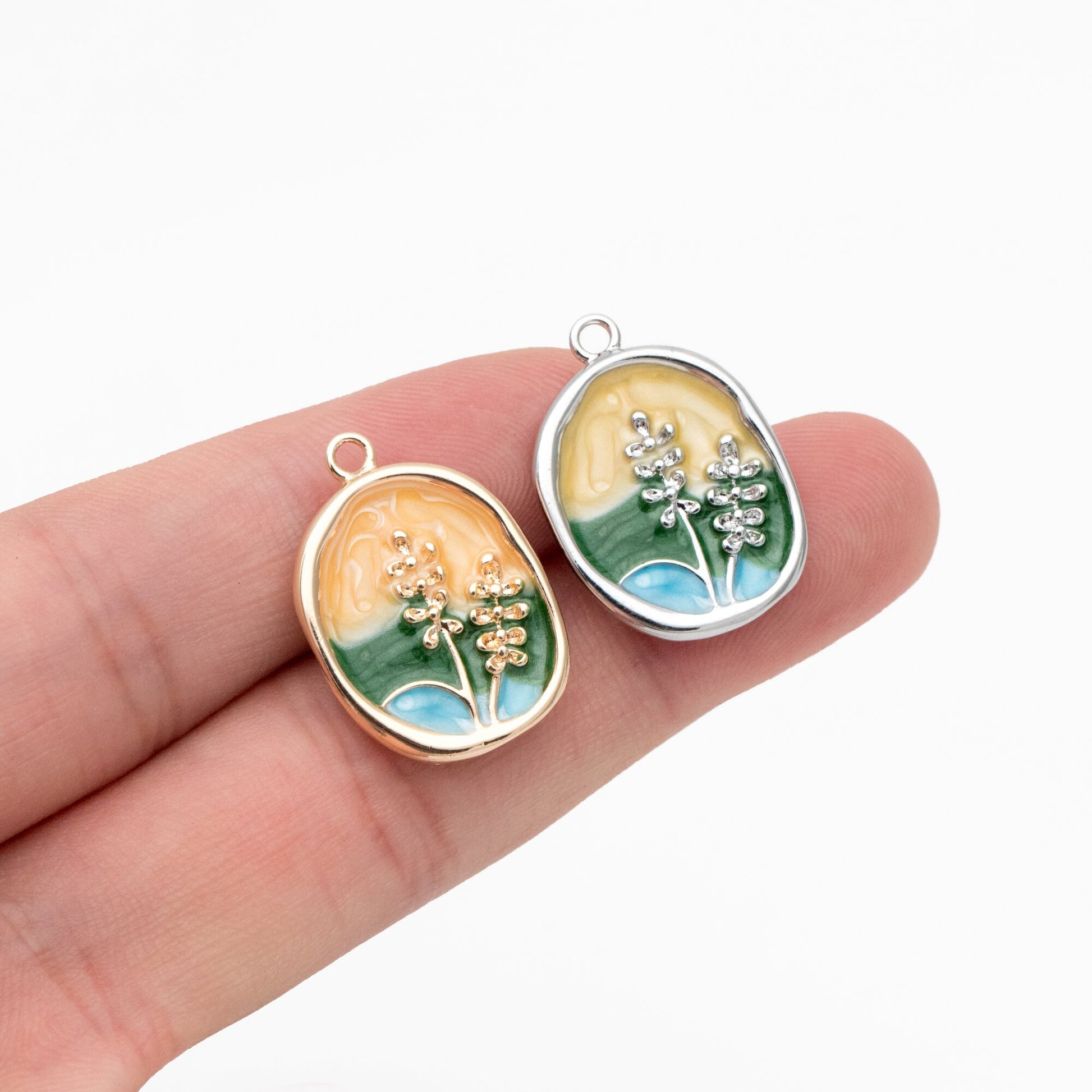 4pcs Gold/ Silver Tone Enamel Painting Charms, 18K Gold/ Rhodium plated Brass, Dainty Flower Pendants (GB-3950-E)