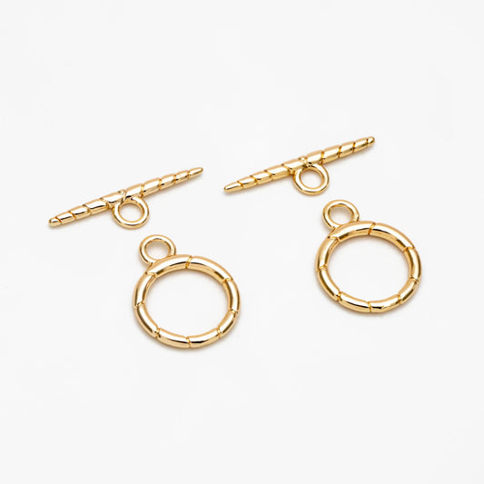 10 Sets Gold Round Toggle Clasp, Real Gold plated Brass, Easy Close Clasp (#GB-1285-E)