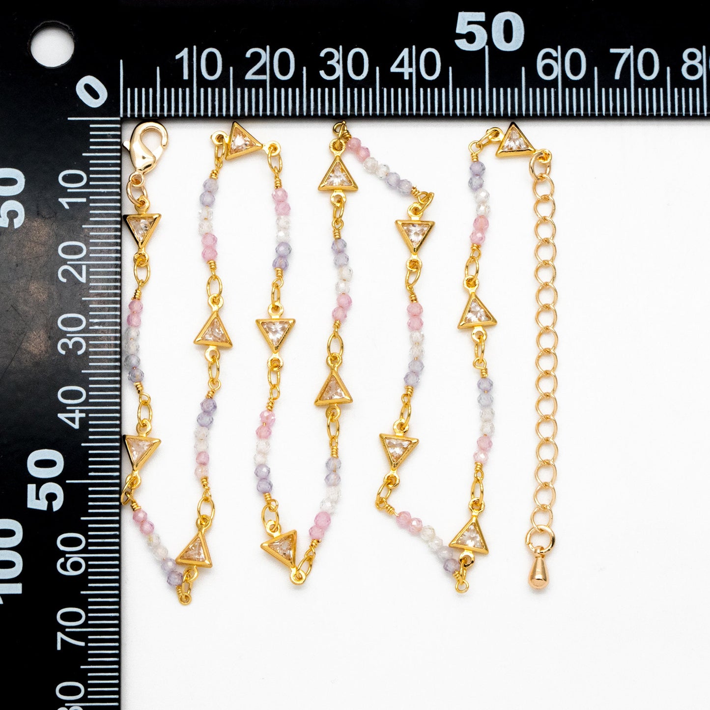 Gold Triangle Connector With CZ Bead Chain, Finished Bracelet/ Anklet/ Necklace with Extender Chain, Ready to Wear (#LK-610)