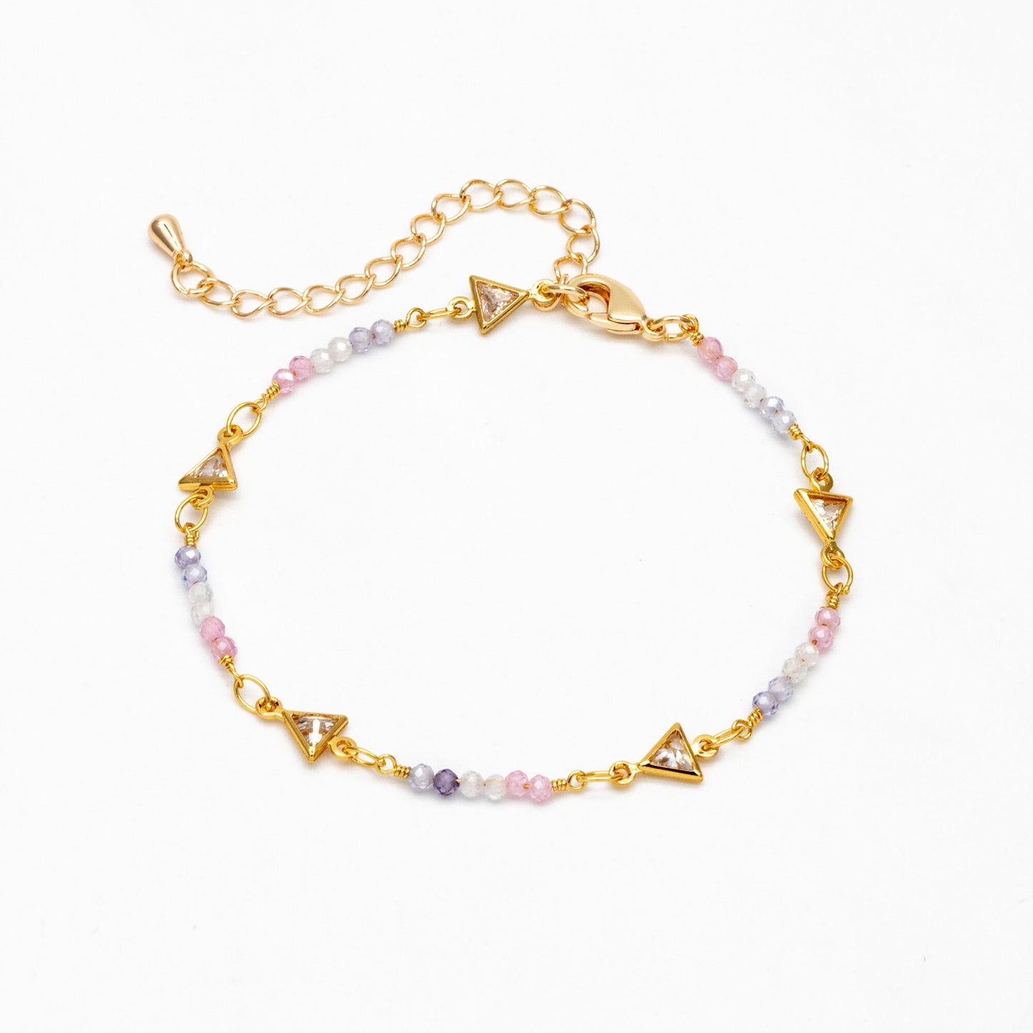 Gold Triangle Connector With CZ Bead Chain, Finished Bracelet/ Anklet/ Necklace with Extender Chain, Ready to Wear (#LK-610)