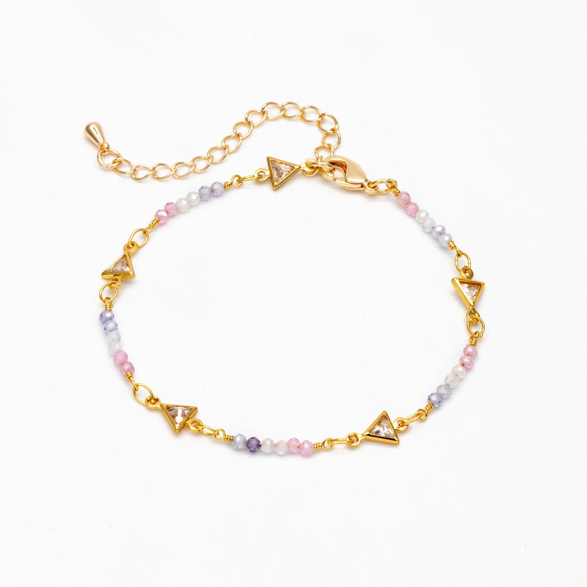 Gold Triangle Connector With CZ Bead Chain, Finished Bracelet/ Anklet/ Necklace with Extender Chain, Ready to Wear (#LK-610)