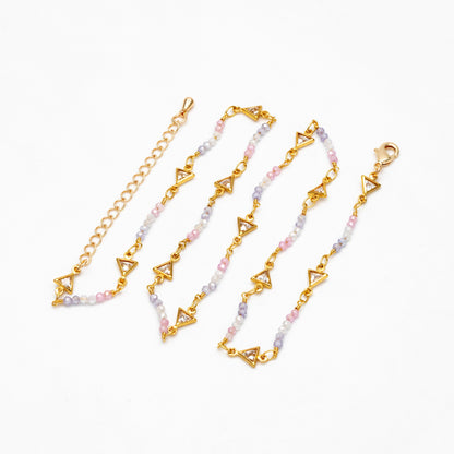 Gold Triangle Connector With CZ Bead Chain, Finished Bracelet/ Anklet/ Necklace with Extender Chain, Ready to Wear (#LK-610)