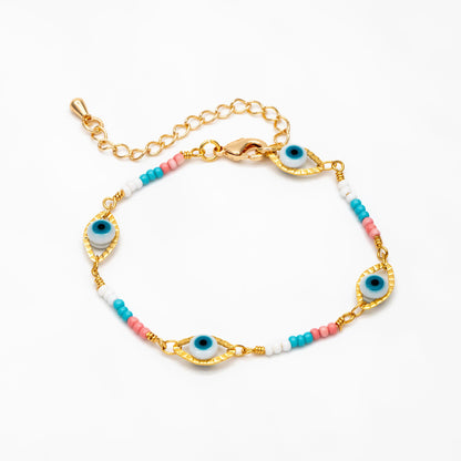 Gold Evil Eye Chain with Seed Beads, Finished Bracelet/ Anklet/ Necklace with Adjustable Extender Chain, Ready to Wear (#LK-611)