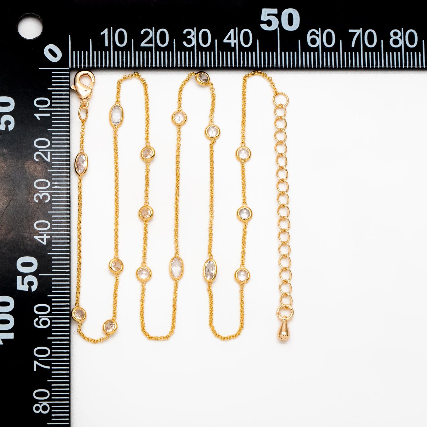 CZ Pave Gold Oval and Round Beads Chain, Adjustable Necklace with Extender, 18K Gold plated Brass, Ready to Wear (#LK-612)