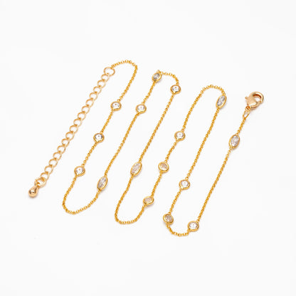 CZ Pave Gold Oval and Round Beads Chain, Adjustable Necklace with Extender, 18K Gold plated Brass, Ready to Wear (#LK-612)