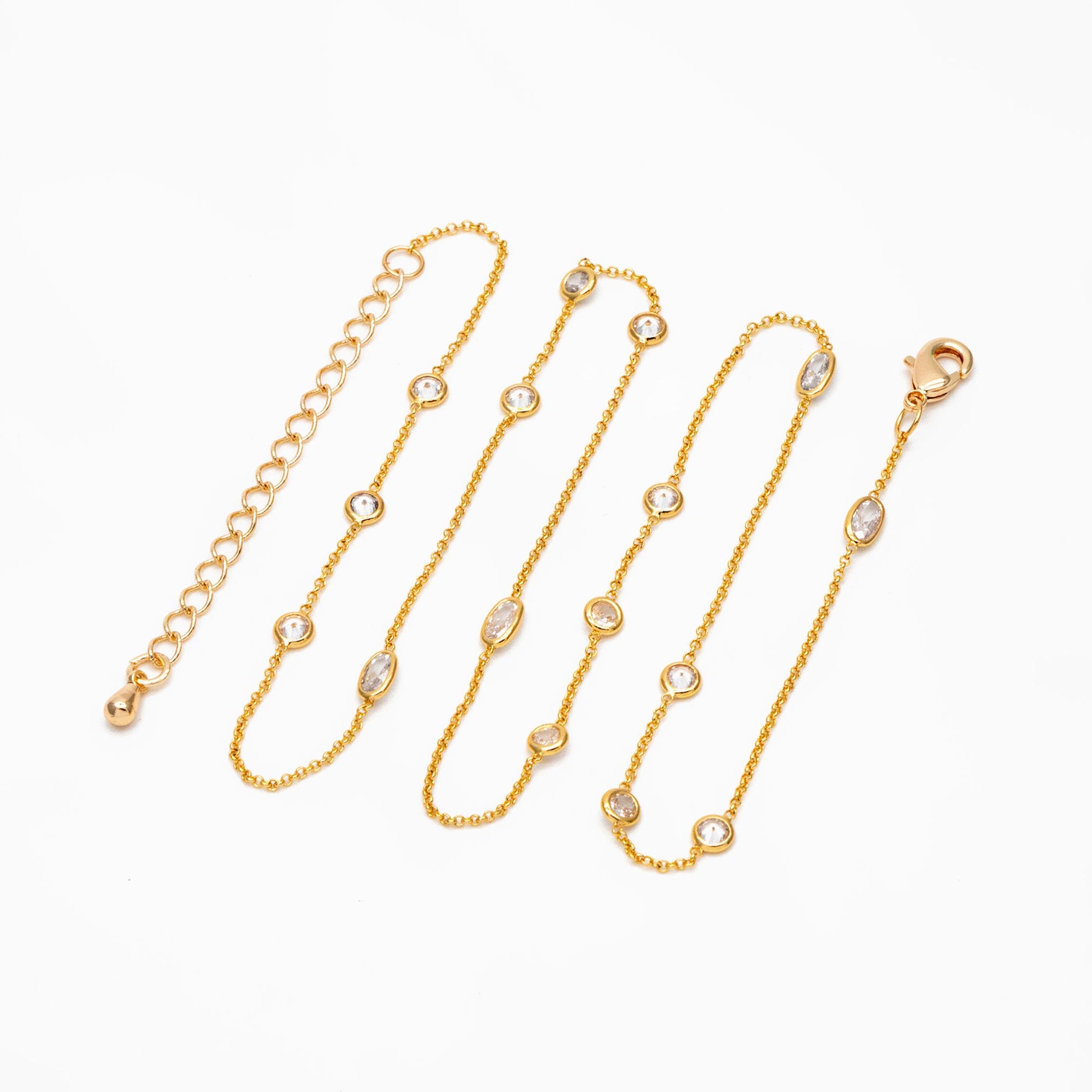 CZ Pave Gold Oval and Round Beads Chain, Adjustable Necklace with Extender, 18K Gold plated Brass, Ready to Wear (#LK-612)