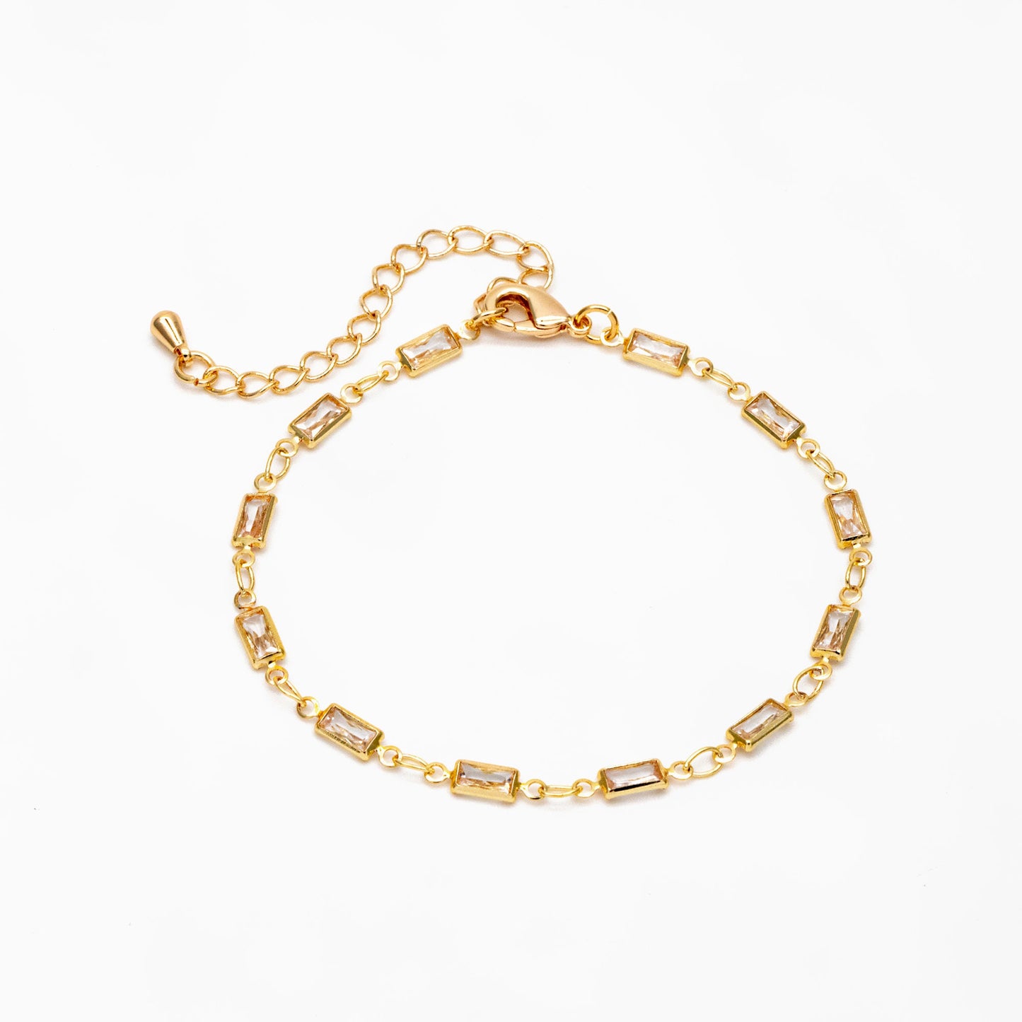 Gold Rectangle Cubic Zirconia Chain, Finished Bracelet/ Anklet/ Necklace with Extender Chain, Ready to Wear (#LK-613)