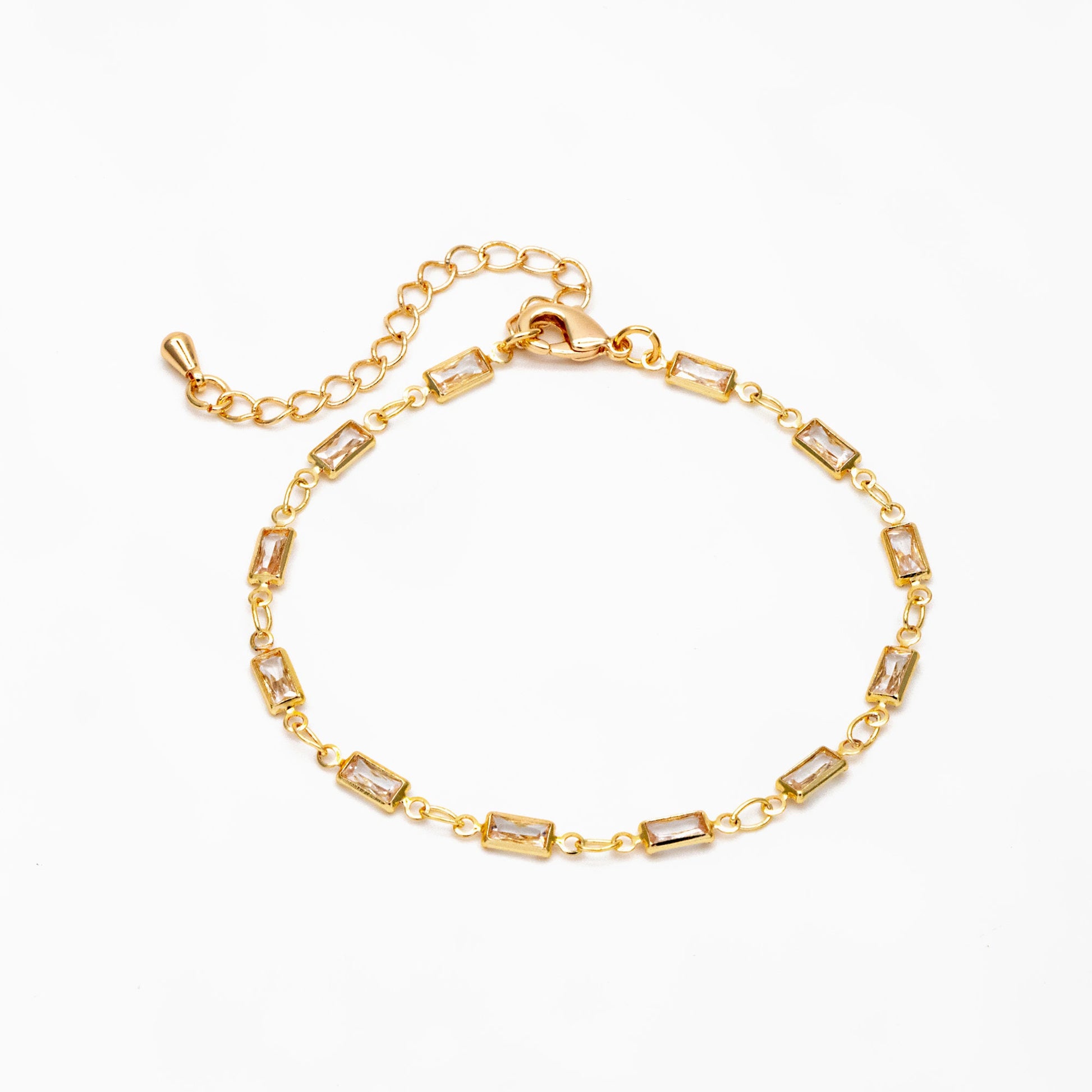 Gold Rectangle Cubic Zirconia Chain, Finished Bracelet/ Anklet/ Necklace with Extender Chain, Ready to Wear (#LK-613)