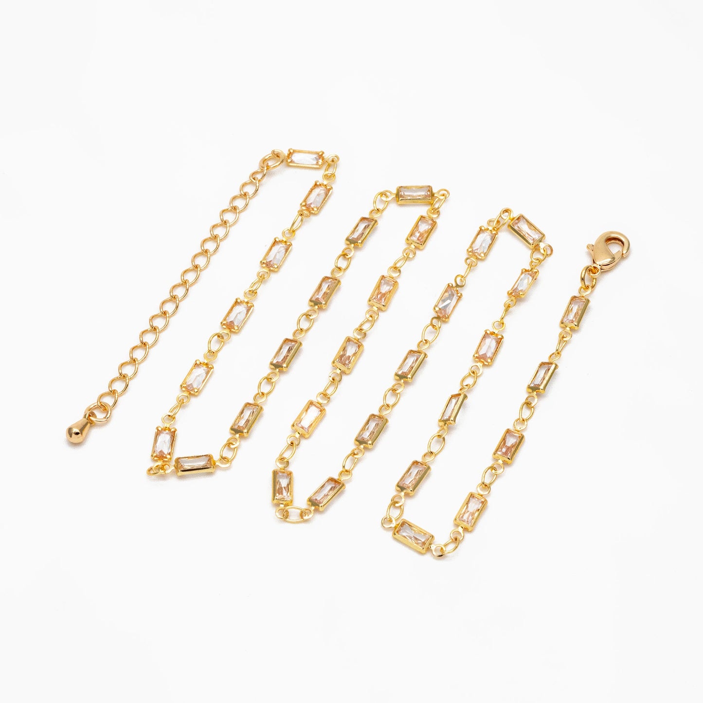 Gold Rectangle Cubic Zirconia Chain, Finished Bracelet/ Anklet/ Necklace with Extender Chain, Ready to Wear (#LK-613)