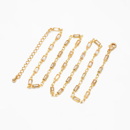 Gold Rectangle Cubic Zirconia Chain, Finished Bracelet/ Anklet/ Necklace with Extender Chain, Ready to Wear (#LK-613)