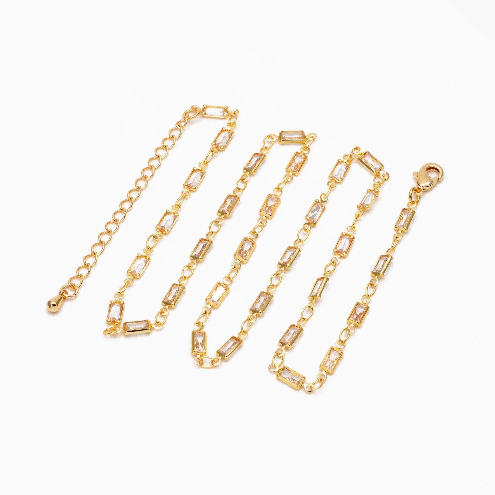 Gold Rectangle Cubic Zirconia Chain, Finished Bracelet/ Anklet/ Necklace with Extender Chain, Ready to Wear (#LK-613)