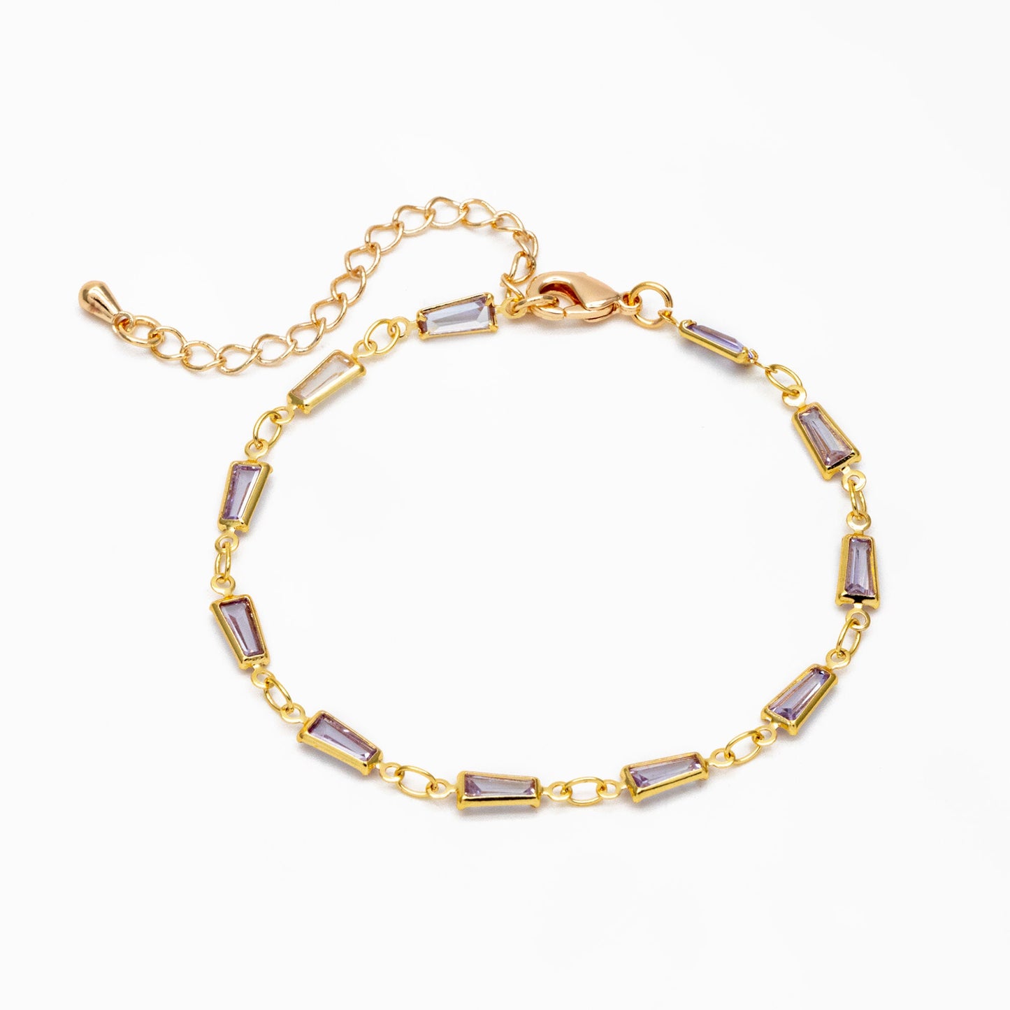 Gold Lavender Trapezium Cubic Zirconia Chain, Finished Bracelet/ Anklet/ Necklace with Extender Chain, Ready to Wear (#LK-614)
