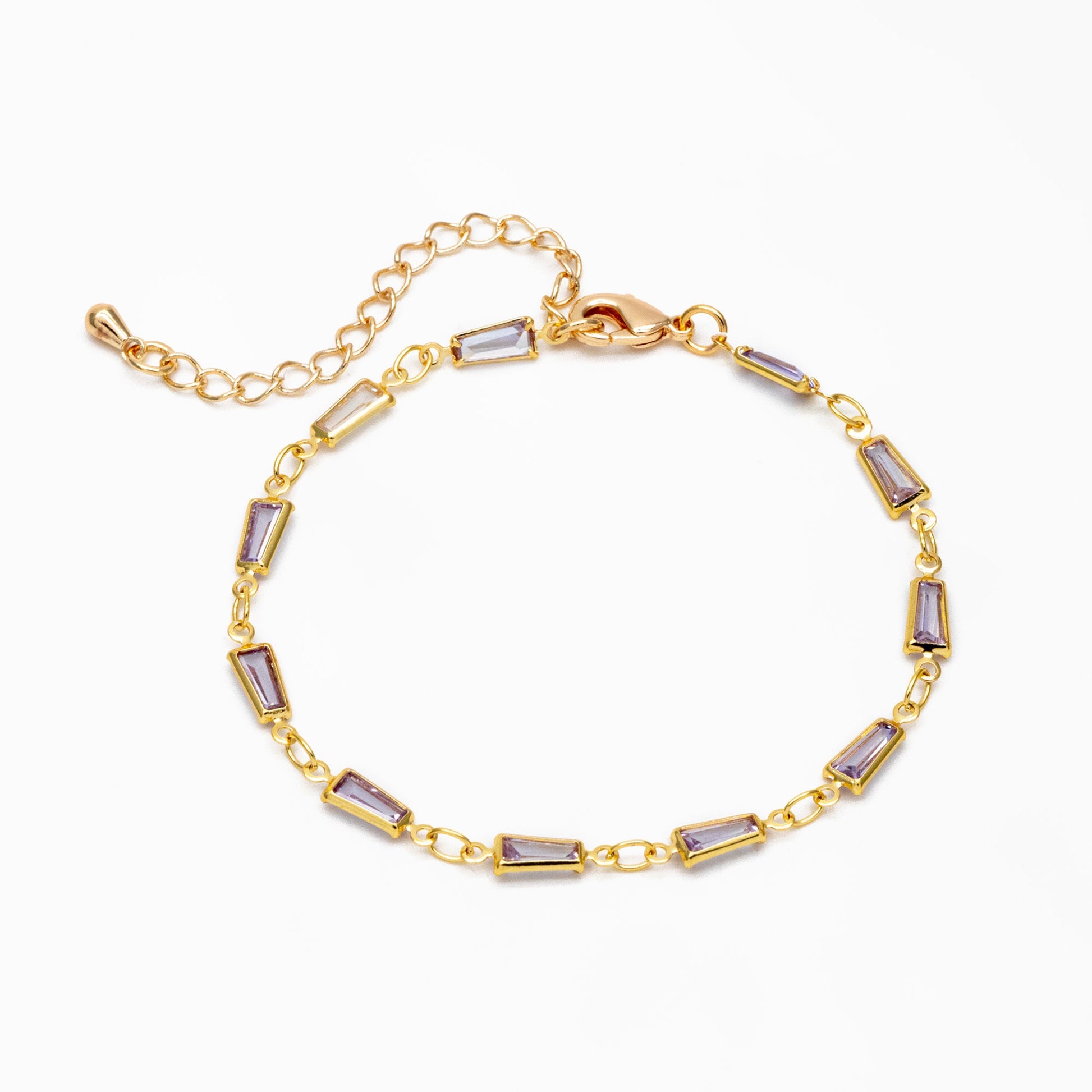Gold Lavender Trapezium Cubic Zirconia Chain, Finished Bracelet/ Anklet/ Necklace with Extender Chain, Ready to Wear (#LK-614)