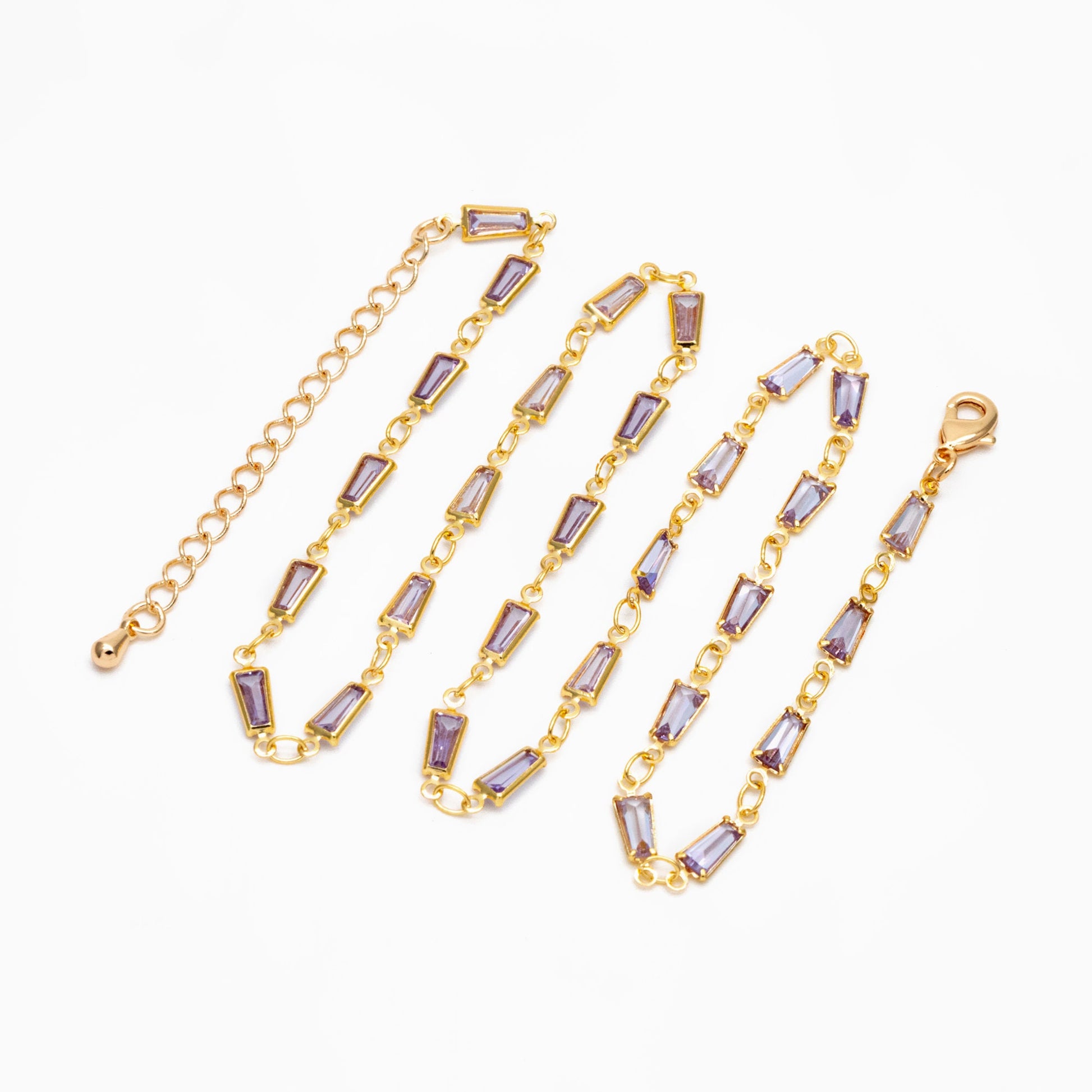 Gold Lavender Trapezium Cubic Zirconia Chain, Finished Bracelet/ Anklet/ Necklace with Extender Chain, Ready to Wear (#LK-614)