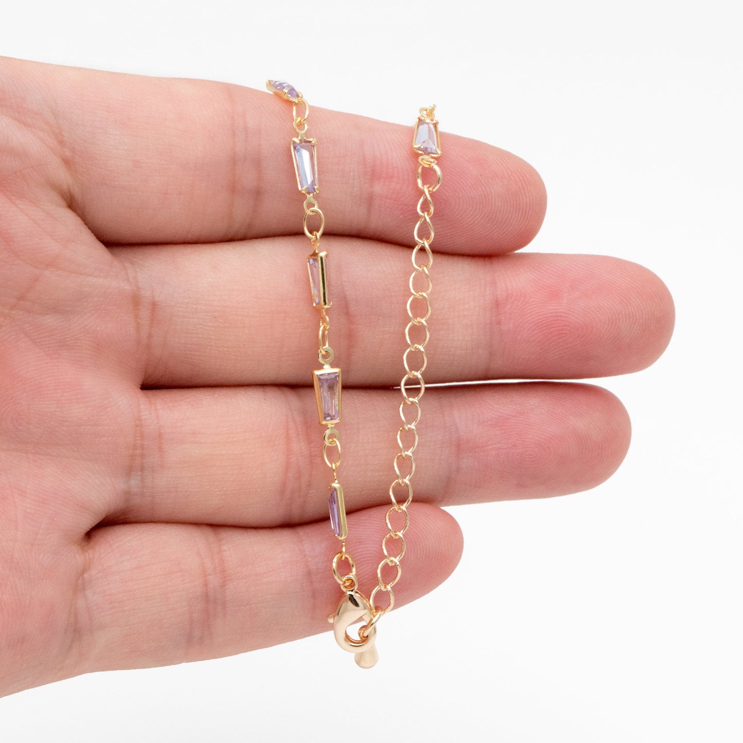 Gold Lavender Trapezium Cubic Zirconia Chain, Finished Bracelet/ Anklet/ Necklace with Extender Chain, Ready to Wear (#LK-614)