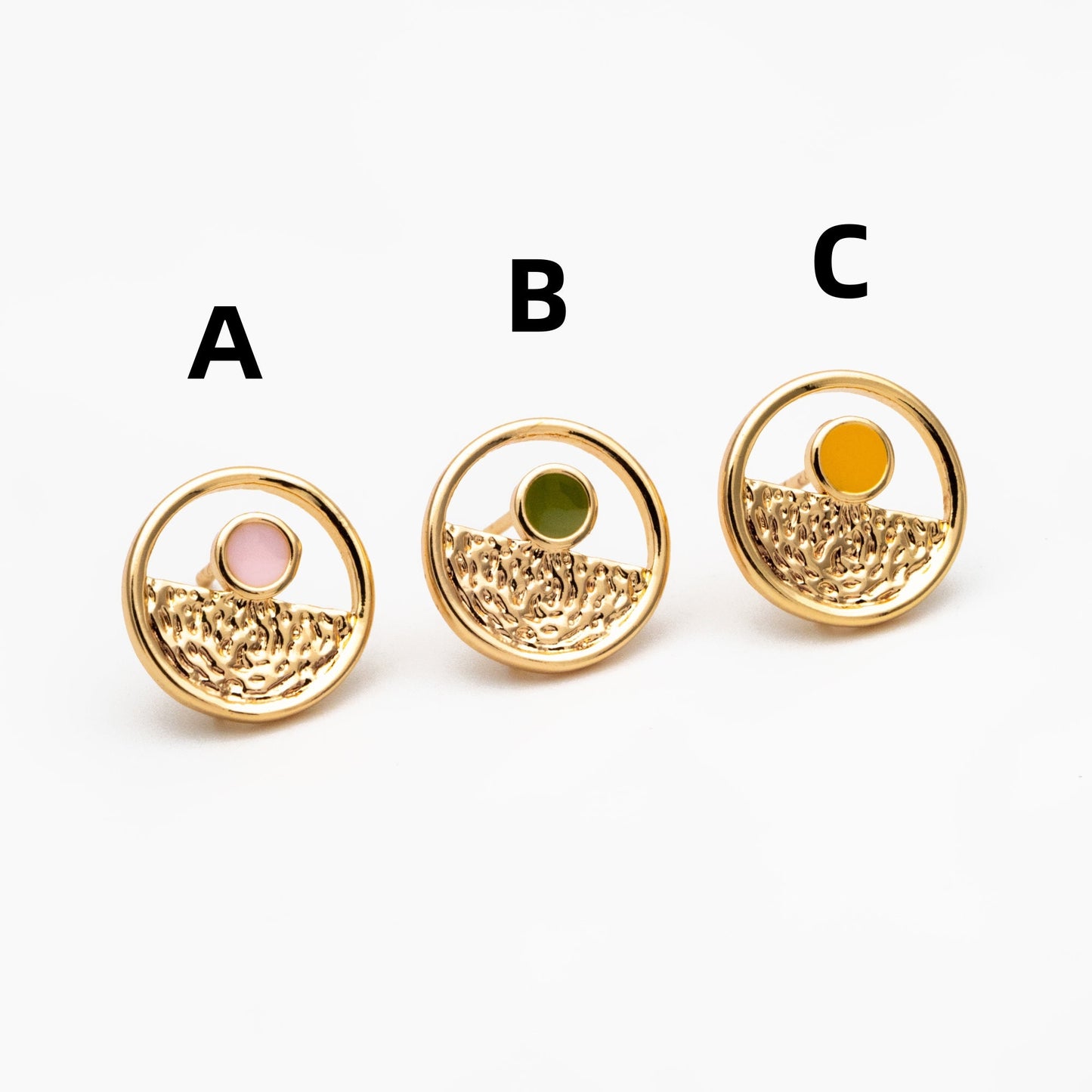 4pcs Gold Enamel Round Earrings 13mm, 18K Gold plated Brass, Geometric Stud Earrings (GB-4399)
