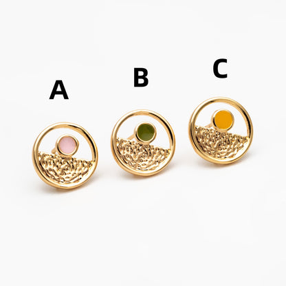 4pcs Gold Enamel Round Earrings 13mm, 18K Gold plated Brass, Geometric Stud Earrings (GB-4399)