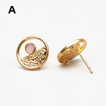 4pcs Gold Enamel Round Earrings 13mm, 18K Gold plated Brass, Geometric Stud Earrings (GB-4399)