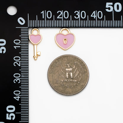 4pcs Enamel Gold Lock and Key Charm, Real Gold plated Brass, Dainty Earring Pendant (GB-4370)