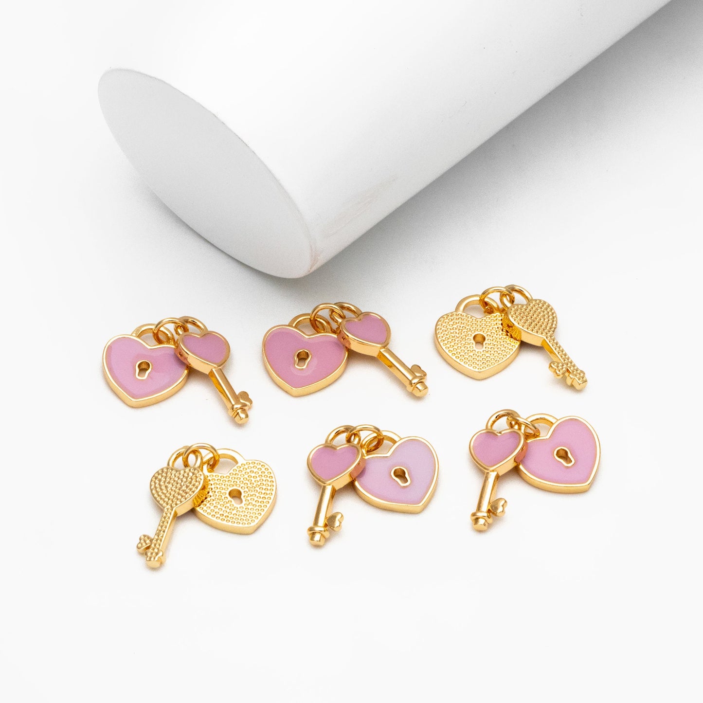 4pcs Enamel Gold Lock and Key Charm, Real Gold plated Brass, Dainty Earring Pendant (GB-4370)