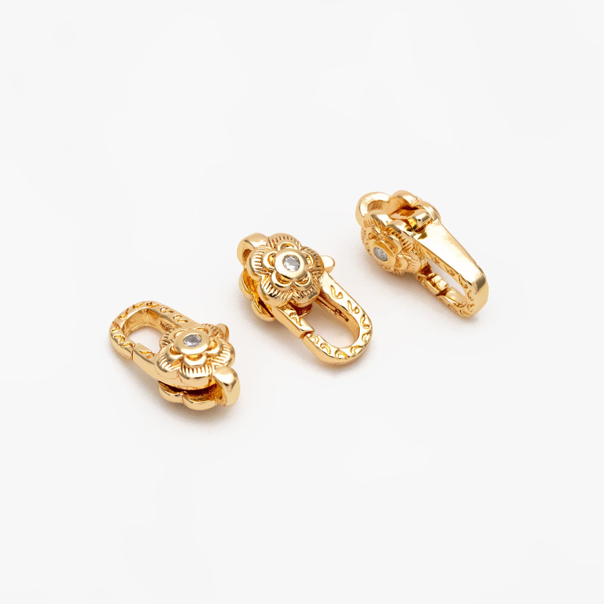 4pcs CZ Pave Gold Flower Lobster Claw Clasps, Real Gold plated Brass, Necklace Bracelet Charm Clasps (GB-4371)