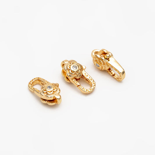 4pcs CZ Pave Gold Flower Lobster Claw Clasps, Real Gold plated Brass, Necklace Bracelet Charm Clasps (GB-4371)