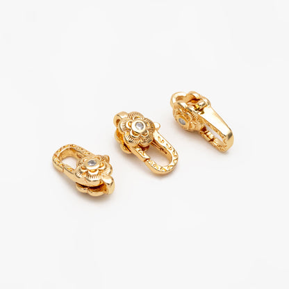4pcs CZ Pave Gold Flower Lobster Claw Clasps, Real Gold plated Brass, Necklace Bracelet Charm Clasps (GB-4371)