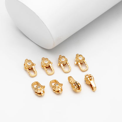 4pcs CZ Pave Gold Flower Lobster Claw Clasps, Real Gold plated Brass, Necklace Bracelet Charm Clasps (GB-4371)