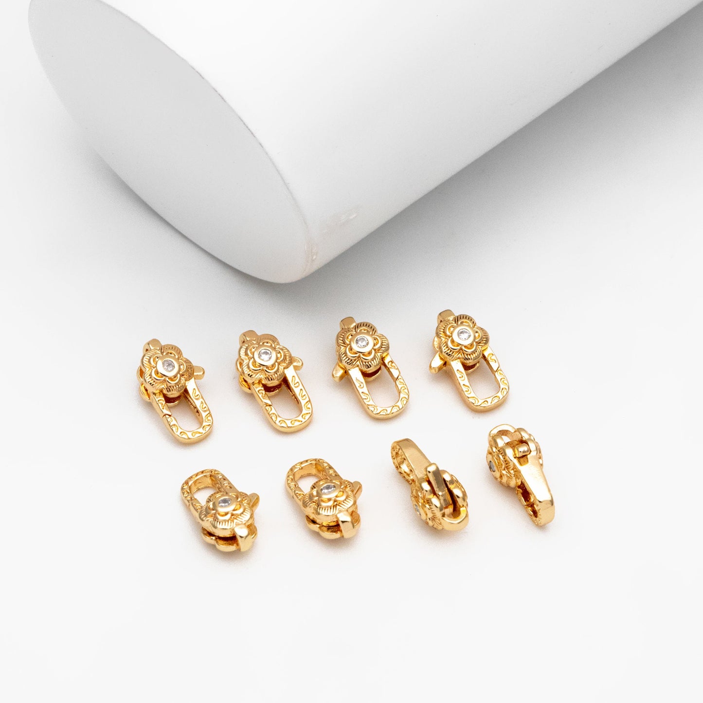 4pcs CZ Pave Gold Flower Lobster Claw Clasps, Real Gold plated Brass, Necklace Bracelet Charm Clasps (GB-4371)