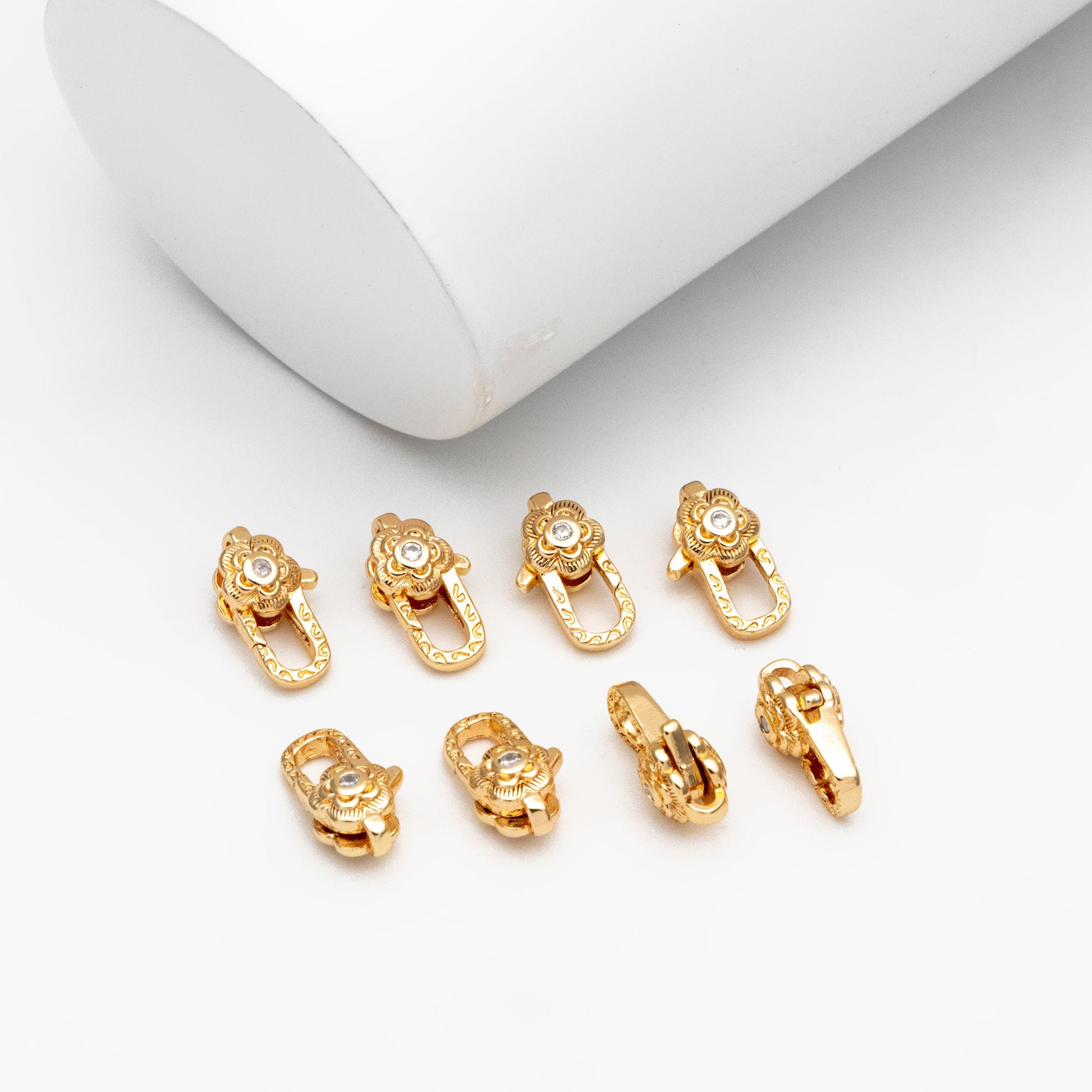 4pcs CZ Pave Gold Flower Lobster Claw Clasps, Real Gold plated Brass, Necklace Bracelet Charm Clasps (GB-4371)