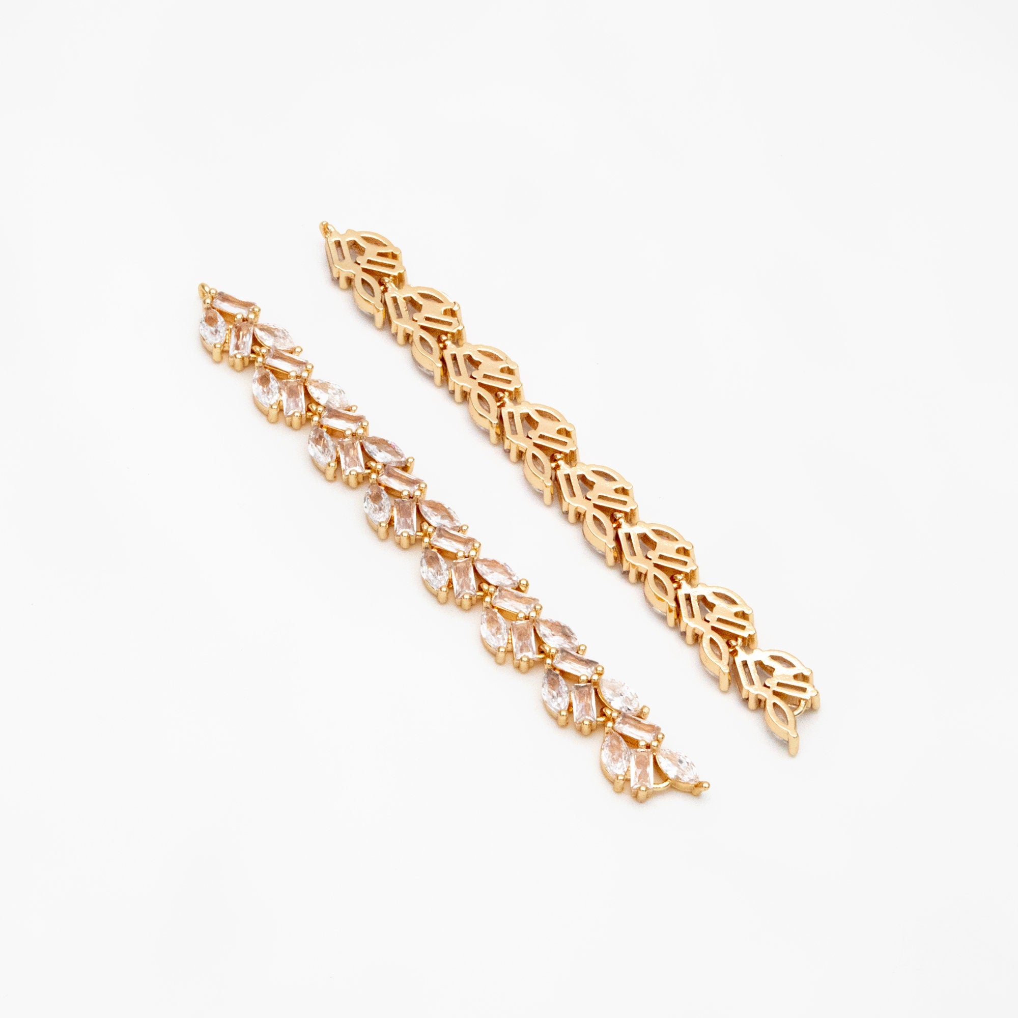 4pcs CZ Pave Gold/ Silver Leaf Charm Connector 73x7mm, 18K Gold/ Rhodium plated Brass, Dangle Earring Pendants (#GB-3669-A)