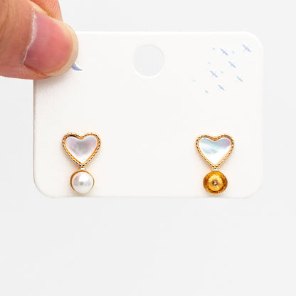 4pcs Shell Pave Gold Heart Earrings, Pearl Peg Earring Mounts, Half Drilled Pearl Earring Settings (GB-4374)