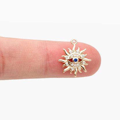 4pcs CZ Pave Gold Sun Charms, 18K Gold plated Brass, Evil Eye Charms (GB-1819-J)