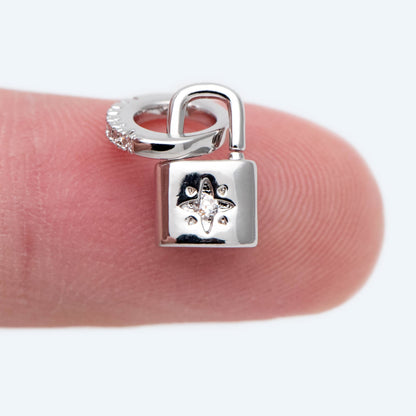 4pcs CZ Pave Gold/ Silver Tone Lock Charm, Padlock charm 17x9mm, Real Gold/ Rhodium plated Brass (GB-751-D)