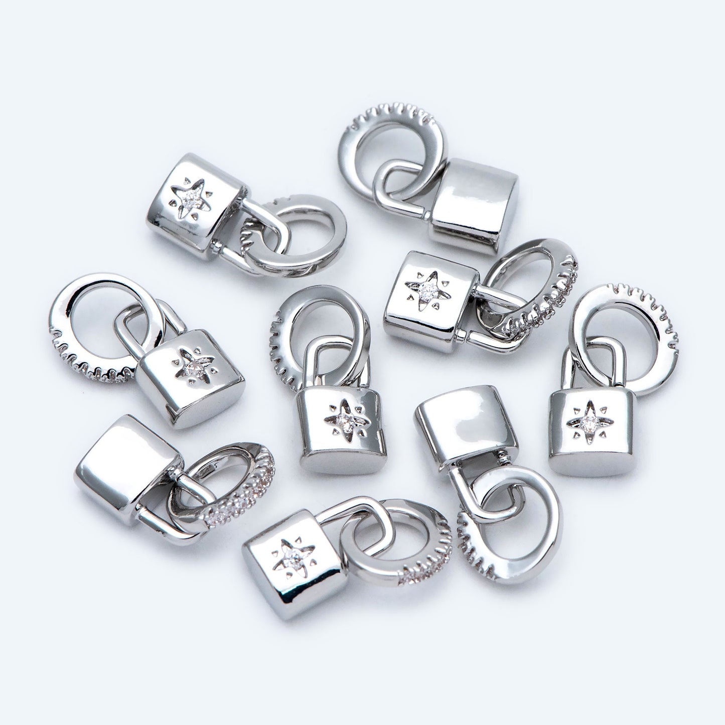 4pcs CZ Pave Gold/ Silver Tone Lock Charm, Padlock charm 17x9mm, Real Gold/ Rhodium plated Brass (GB-751-D)