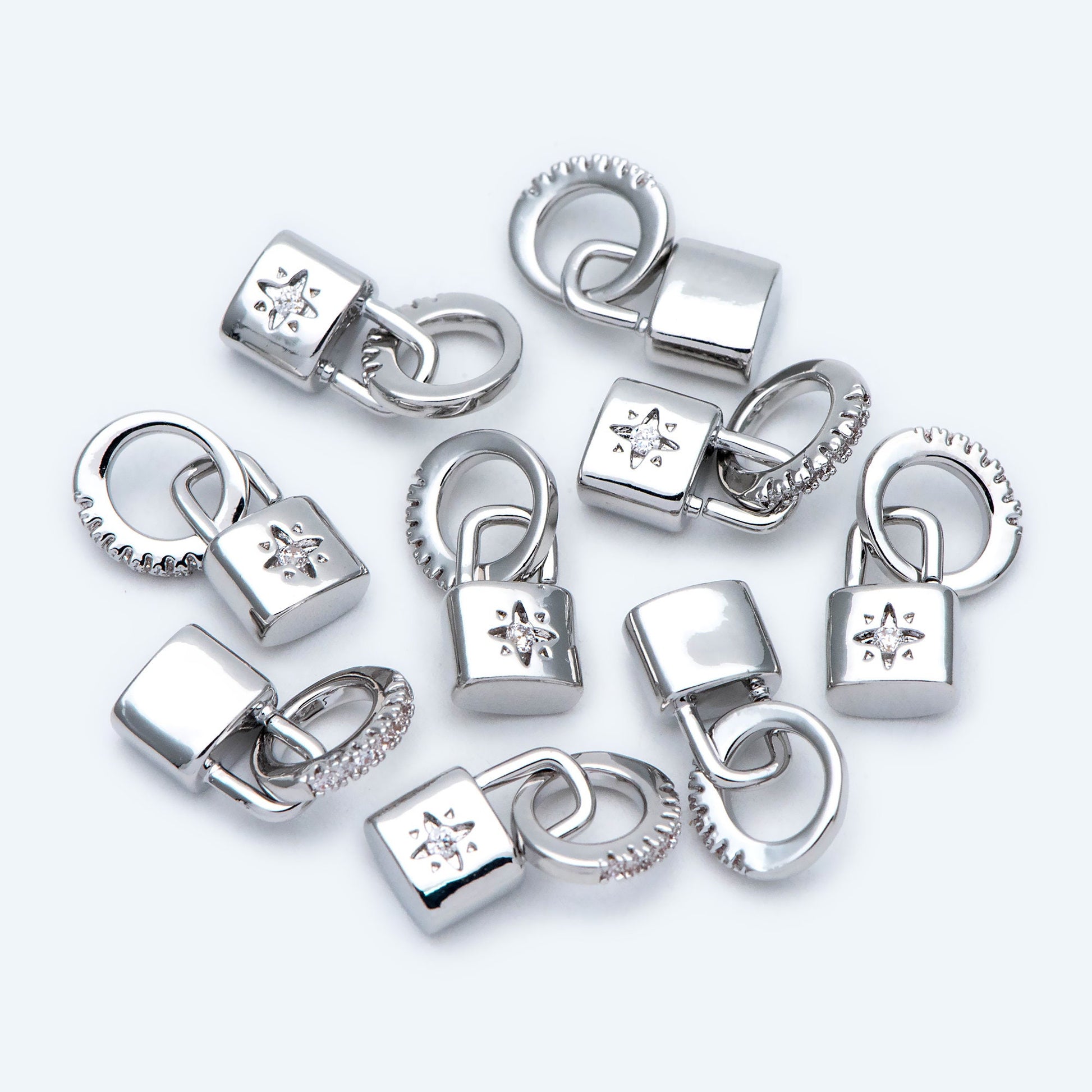 4pcs CZ Pave Gold/ Silver Tone Lock Charm, Padlock charm 17x9mm, Real Gold/ Rhodium plated Brass (GB-751-D)