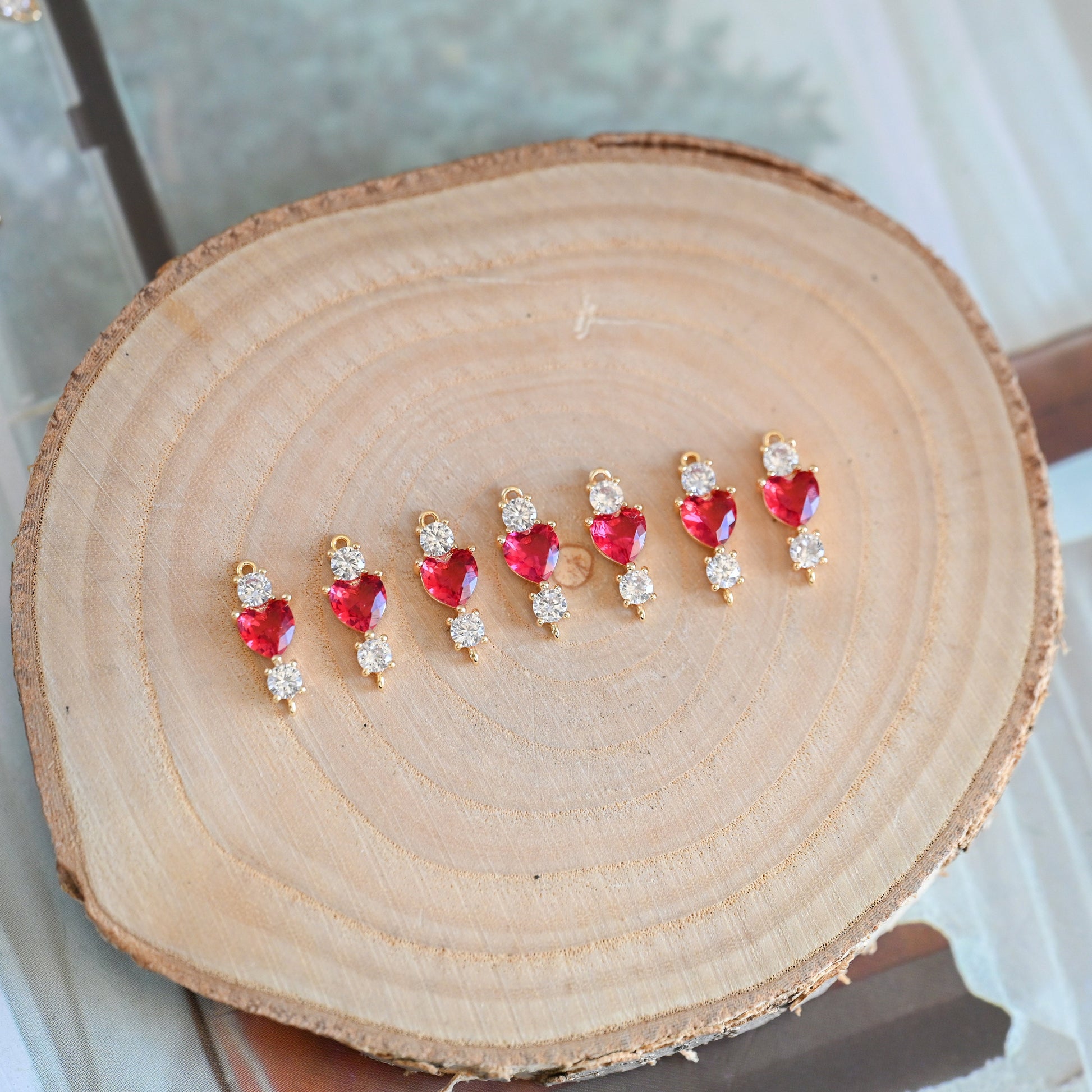 10pcs CZ Pave Heart Connectors, Clear/ Pinkish Red/ Olive Green (GB-1237)