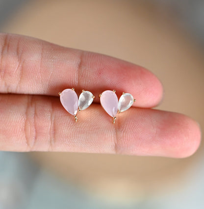 4pcs Rhinestone Teardrop Earring Posts 11x10mm, 18K Gold Plated Brass, Crystal Stud Earrings (#GB-314-C)