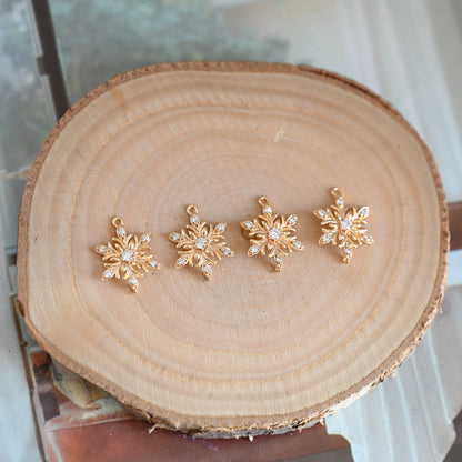 4pcs CZ Pave Gold Snowflake Connectors 18x13.5mm, Rhinestone Flower Charms, Real Gold Plated Brass Findings (GB-3486-L)