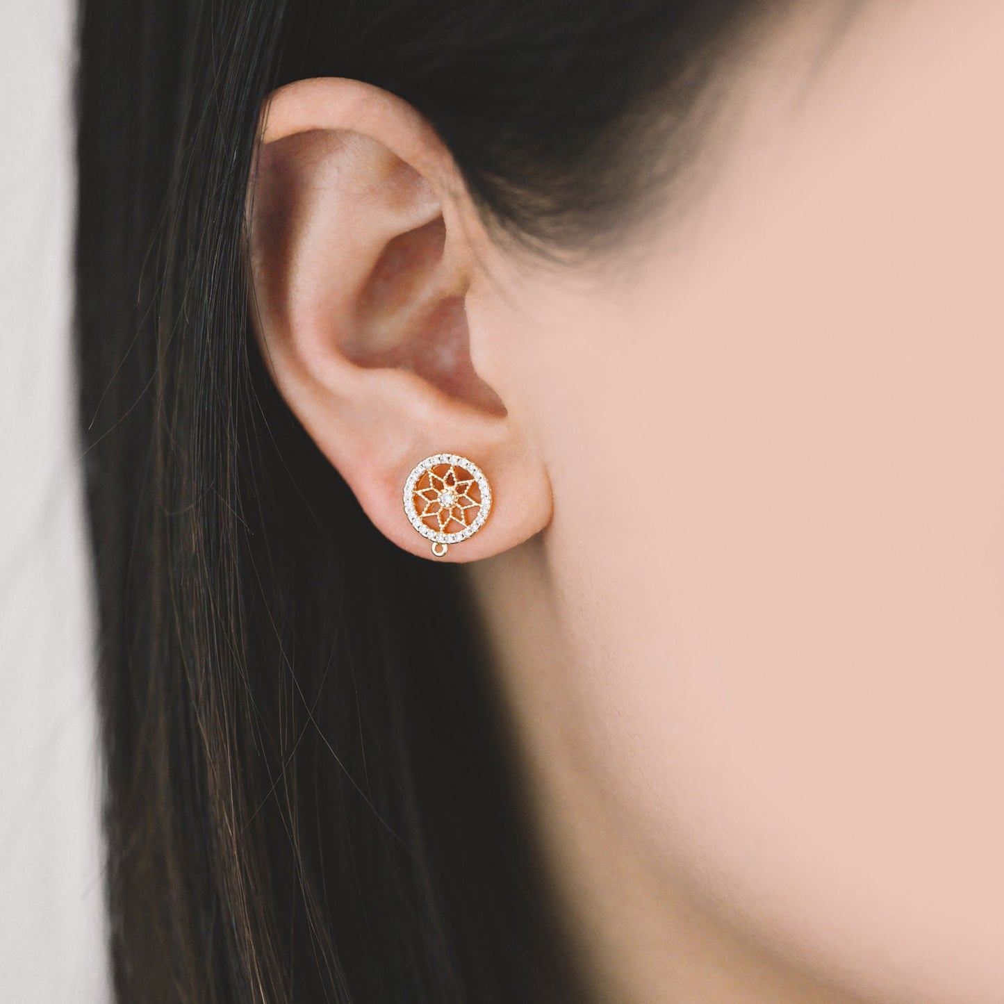 10pcs CZ Pave Flower Ear Posts 12mm, Round Filigree Stud Earrings with Loop (#GB-1450)