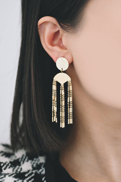 4pcs Gold/ Silver Round Disc Tassel Earrings, 18K Gold/ Rhodium plated Brass, Tassel Stud Earring, Dangling Earrings (GB-4319)