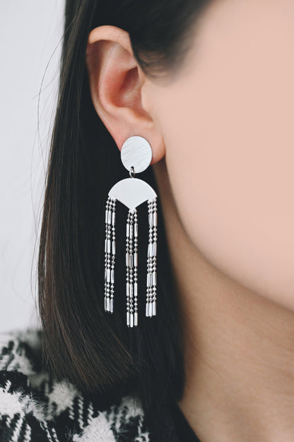 4pcs Gold/ Silver Round Disc Tassel Earrings, 18K Gold/ Rhodium plated Brass, Tassel Stud Earring, Dangling Earrings (GB-4319)