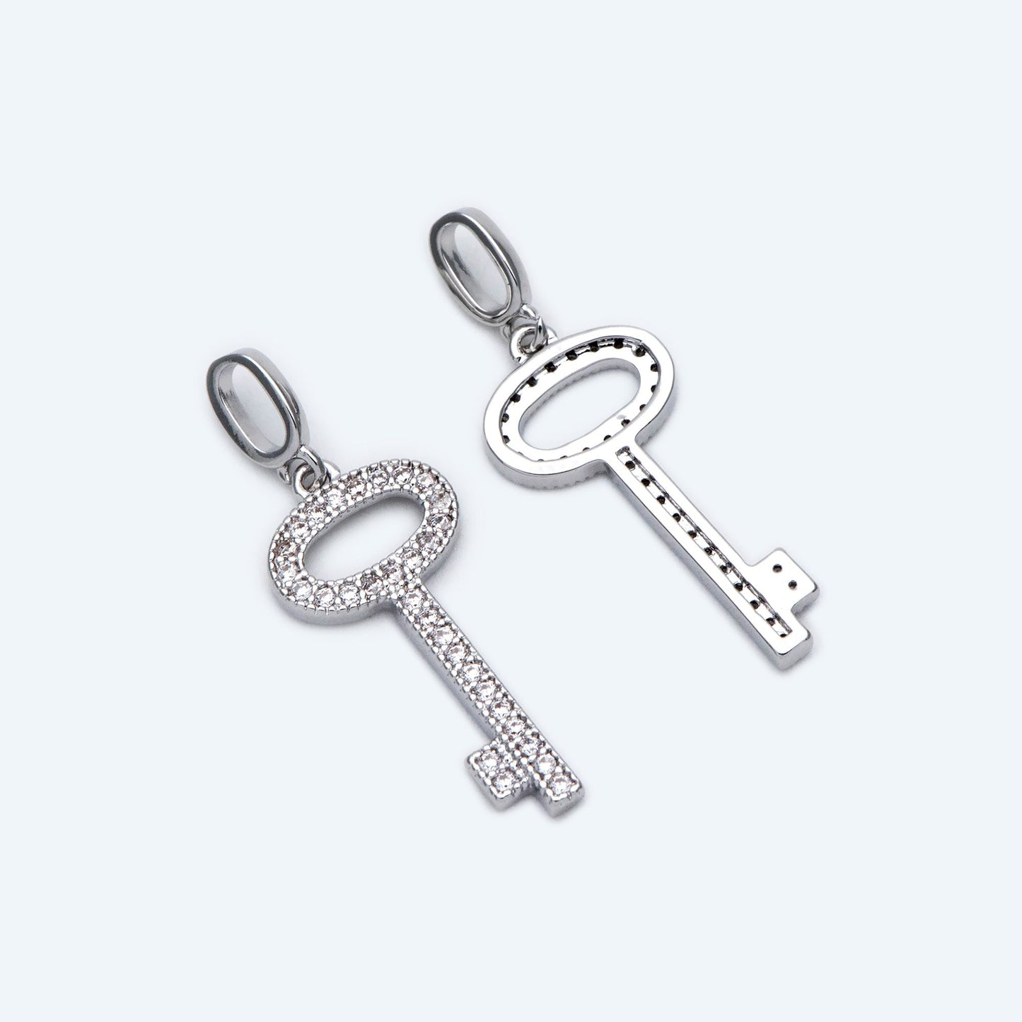 4pcs CZ Pave Gold/ Silver Tone Key Charms 21x10mm, 18K Gold/ Rhodium plated Brass Key Pendants (GB-1774)